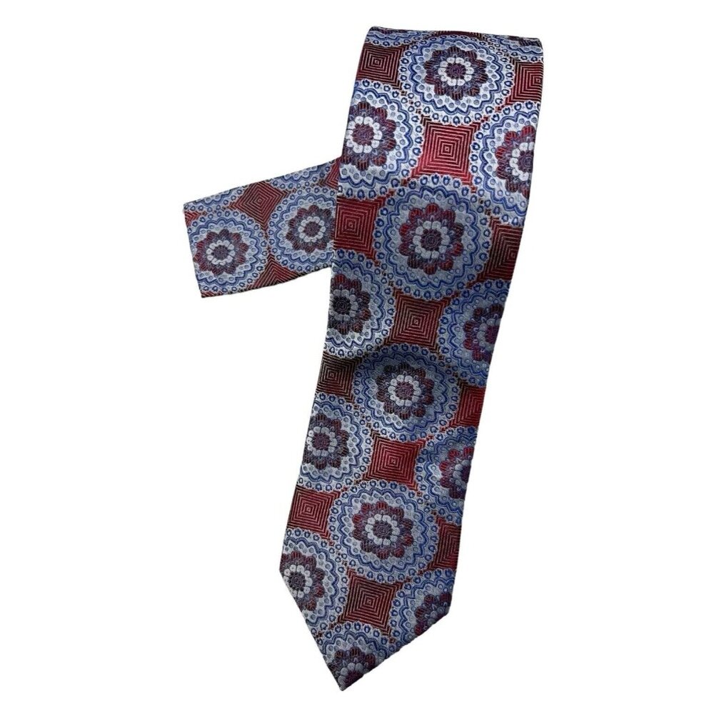 NWT THE BIG KNOT 100% Silk Tie Pocket Square LUXURY XL Blue Red Geometric W:3.6" - Picture 1 of 5
